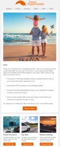 sample welcome email from TravelSupermarket